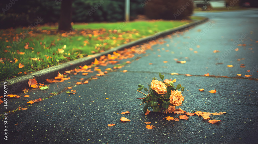 Obraz premium A discarded bouquet of peach roses lies on a rain-slicked autumn street, surrounded by fallen leaves. The image evokes feelings of loss or heartbreak.