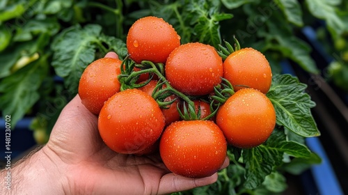 A hand holds a cluster of freshly picked ripe red tomatoes covered in water droplets from a garden harvest.