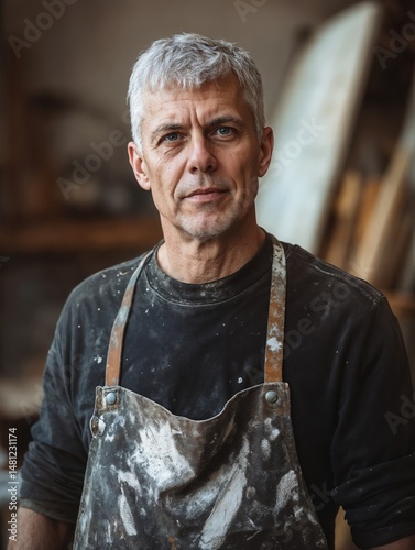 Mature Craftsman in Paint-Stained Apron Standing in Artisan Workshop — Skilled Woodworker, Artist or Sculptor at Work, Symbol of Handcrafted Labor and Creative Mastery

