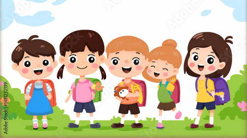 Hand-drawn cartoon illustration of a group of happy children with backpacks on a spring outing/picnic