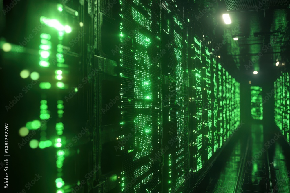 Fototapeta premium Futuristic Data Center Displaying Encrypted Blockchain Technology and 3D Rendered Visuals