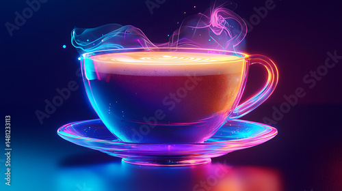 A cup of coffee is lit up with neon colors and is sitting on a glass plate
