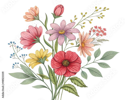 Colorful Flower Bouquet with Various Blooms and Green Leaves on Transparent Background