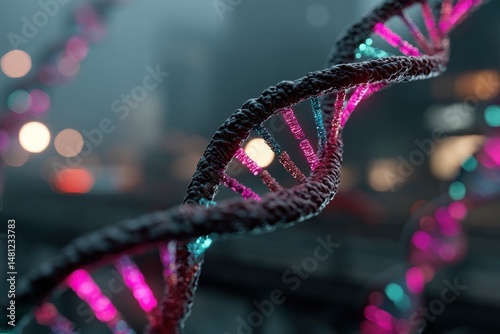 Glowing DNA Double Helix Spiraling in a Futuristic Setting with Neon Colors and Soft Focus