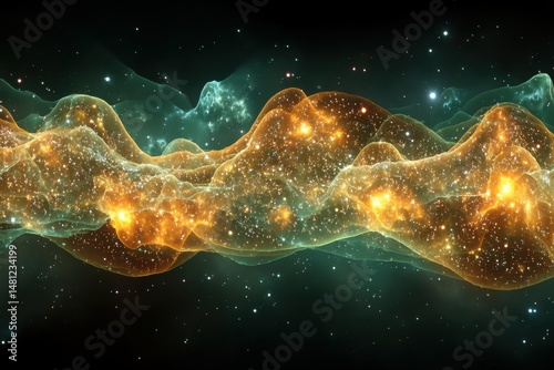 Stunning Visualization of Dark Matter Simulation with Glowing Waves and Cosmic Elements