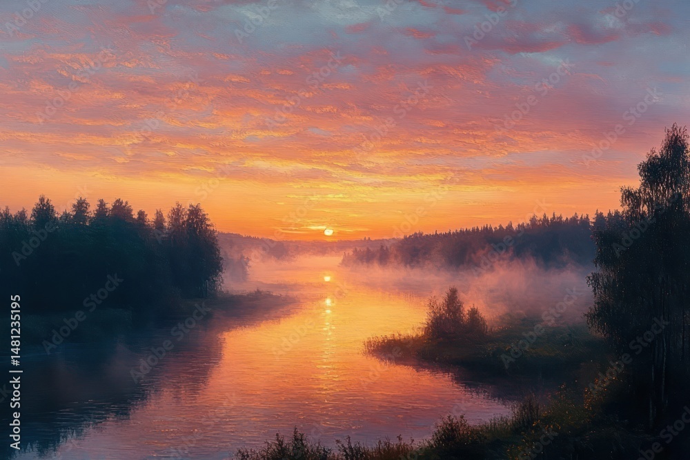 Fototapeta premium Calm river flowing through dark forest landscape at colorful sunrise with mist rising above the water