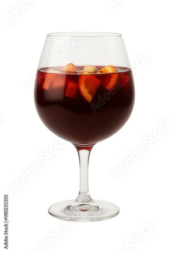 Single wine glass with red wine and citrus slices on transparent background