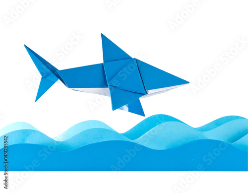 Origami Shark Leaping Over Blue Waves photo