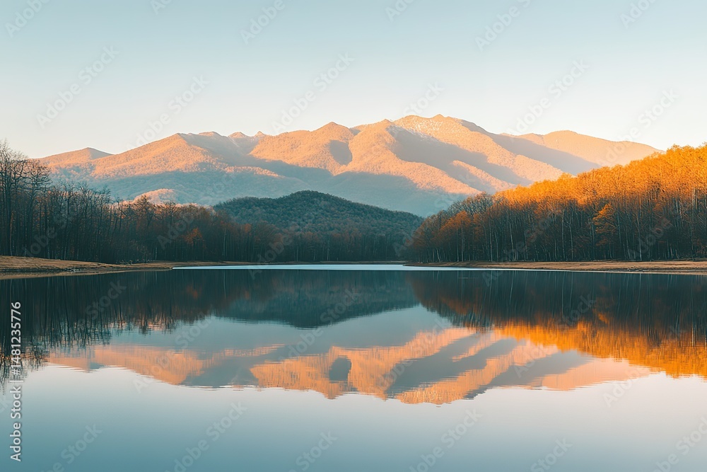 Fototapeta premium A breathtaking view of a serene mountain landscape at sunrise, with golden light illuminating the peaks and a calm lake reflecting the scenery. Perfect for use in travel marketing, nature blogs