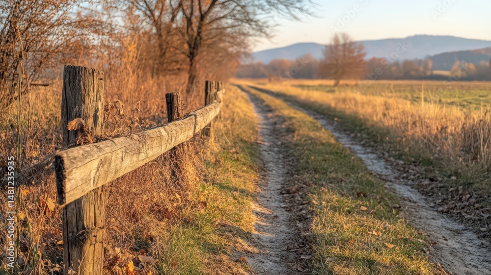 Fototapeta premium Aged Wooden Fence and Dirt Path in Autumn Countryside