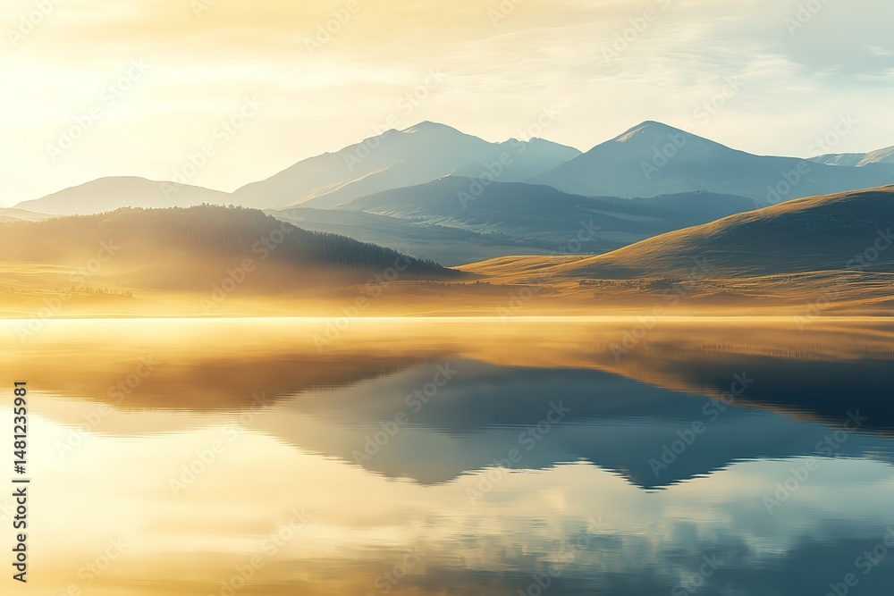 A breathtaking view of a serene mountain landscape at sunrise, with golden light illuminating the peaks and a calm lake reflecting the scenery. Perfect for use in travel marketing, nature blogs, A breathtaking view of a serene mountain landscape at sunrise, with golden light illuminating the peaks and a calm lake reflecting the scenery. Perfect for use in travel marketing, nature blogs,