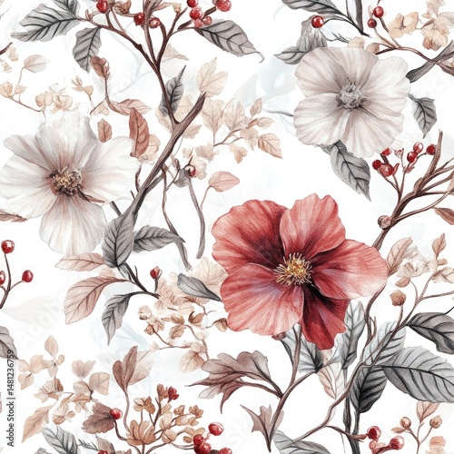 Delicate floral pattern, featuring muted tones of blush, rose, and cream on a white background, with detailed blossoms, leaves, and berries