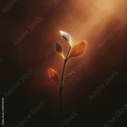A peaceful nature-inspired artwork featuring a tender sprout gently illuminated in warm tones, transparent PNG