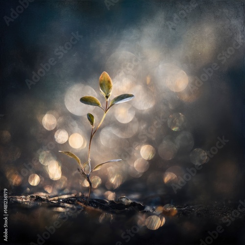 A poetic rendering of a tiny seedling reaching upward, surrounded by diffused light and soft textures, transparent PNG