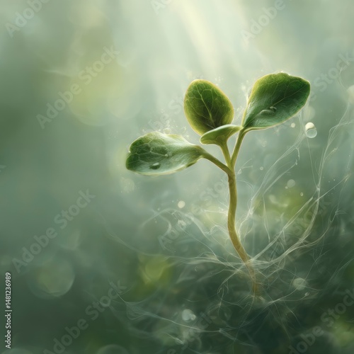A poetic rendering of a tiny seedling reaching upward, surrounded by diffused light and soft textures, transparent PNG