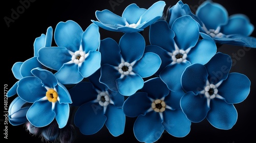 Vibrant Forget-Me-Nots: Delicate, azure forget-me-not blossoms, each a miniature masterpiece of nature, stand out against a rich, dark background. An artful macro view.