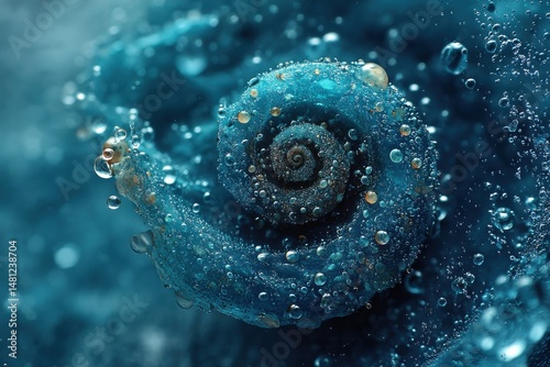 Close-Up of a Blue Spiral Shell with Water Bubbles in a Mesmerizing Aquatic Environment