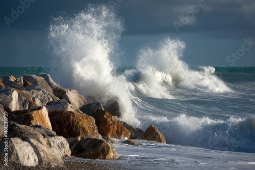 Powerful Ocean Waves Crashing Against Rocky Shoreline with Foamy White Spray