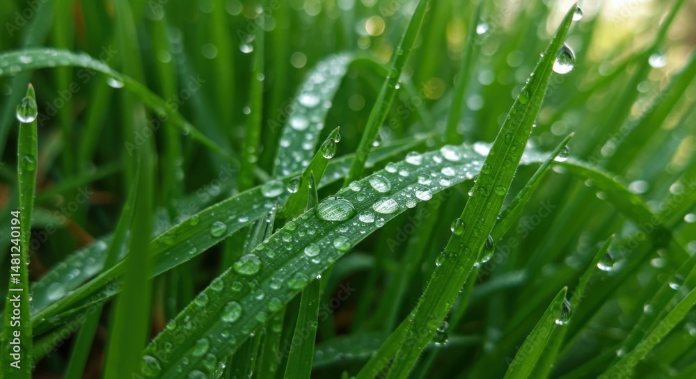 Naklejka premium Green grass blades reflecting purity and freshness, adorned with water droplets