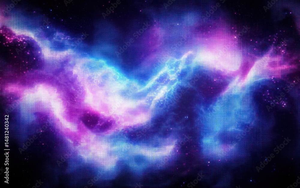 Naklejka premium Vibrant cosmic scene featuring swirling purple, pink, and blue nebula clouds with scattered bright stars against a deep space background, evoking wonder and mystery