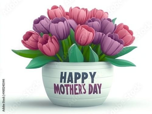 Colorful bouquet of tulips arranged in a white pot with a loving message for Mother's Day, symbolizing appreciation and affection for mothers everywhere