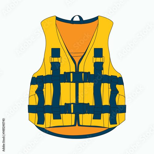 Flat or lowbrow illustration of an orange lifejacket floating in the ocean. Ideal for visual safety materials, water rescue guides, marine awareness campaigns, and educational or training purposes.