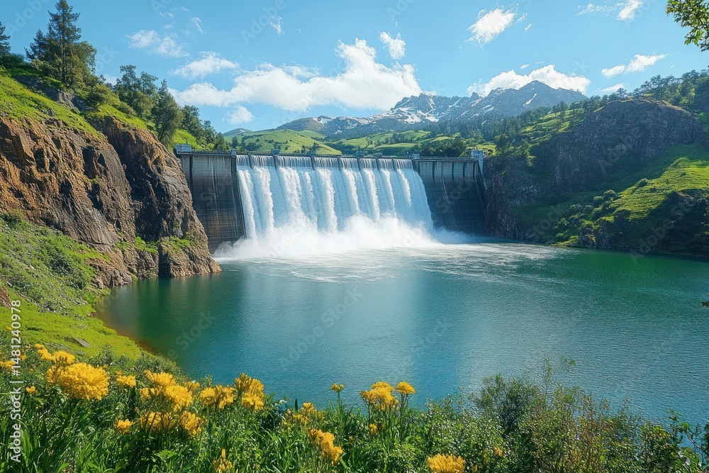 Fototapeta premium Scenic dam releasing water into reservoir surrounded by lush greenery and yellow wildflowers with snow-capped mountains and blue sky in background
