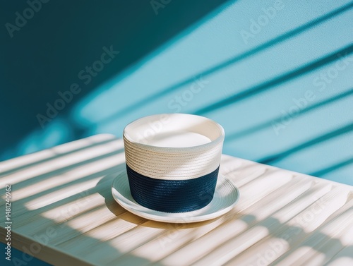 Stylish white and navy planter on a light wooden surface.