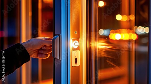 A hand opens a glowing door at night.