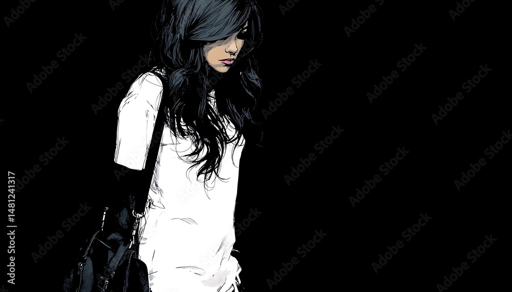Obraz premium Woman with Long Dark Hair in Black and White