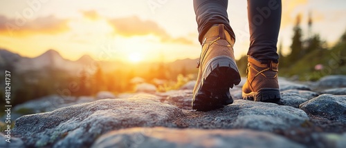 Hiking boots on a rocky path at sunset.