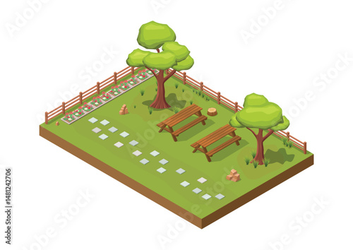 isometric beautiful garden with flowers