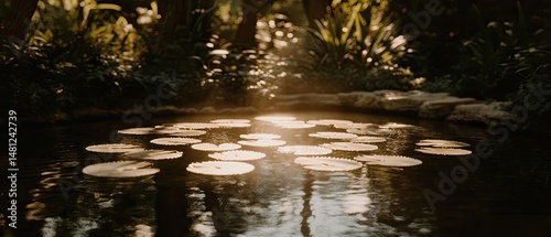 Serene pond scene with lily pads in sunlight.