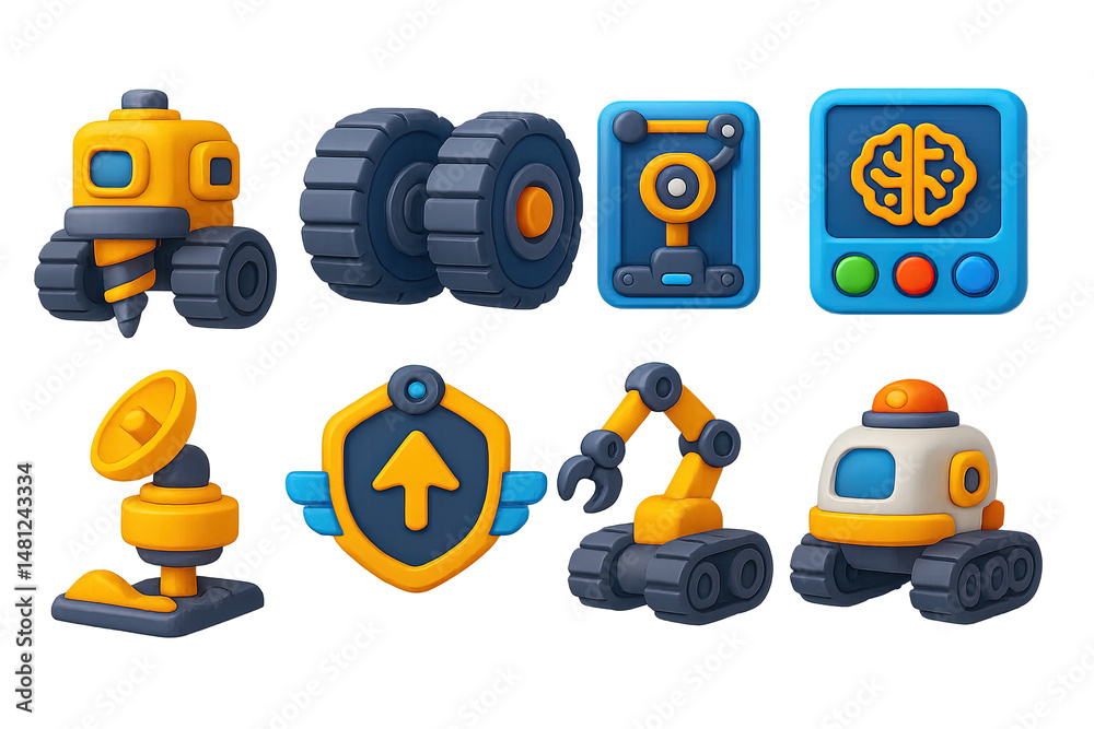 Fototapeta premium Technology 3d icons set – futuristic, digital, robotic symbols for innovation