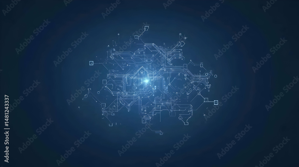 Obraz premium Abstract digital circuit board design, glowing nodes & lines on dark blue background. Perfect for tech, AI, network concepts.