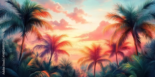 Tropical sunset with tall palm trees and lush vegetation under a colorful sky filled with soft pink and orange clouds
