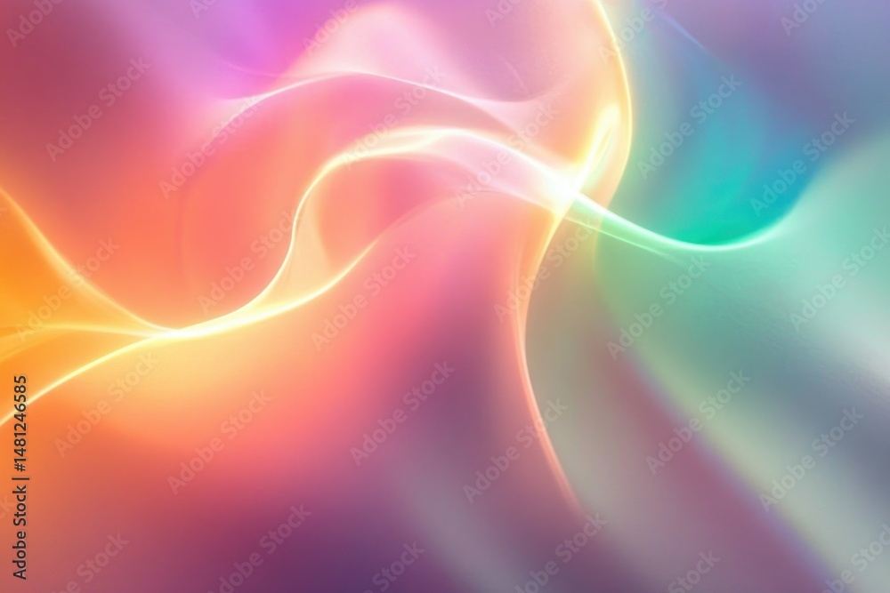 Obraz premium Abstract smooth flowing waves of vibrant colors blending warm oranges and pinks with cool blues and greens creating a soft glowing gradient effect