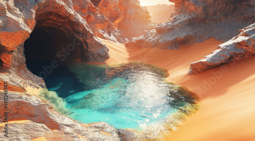 3D rendering of a desert landscape with orange sand dunes and a turquoise wat...