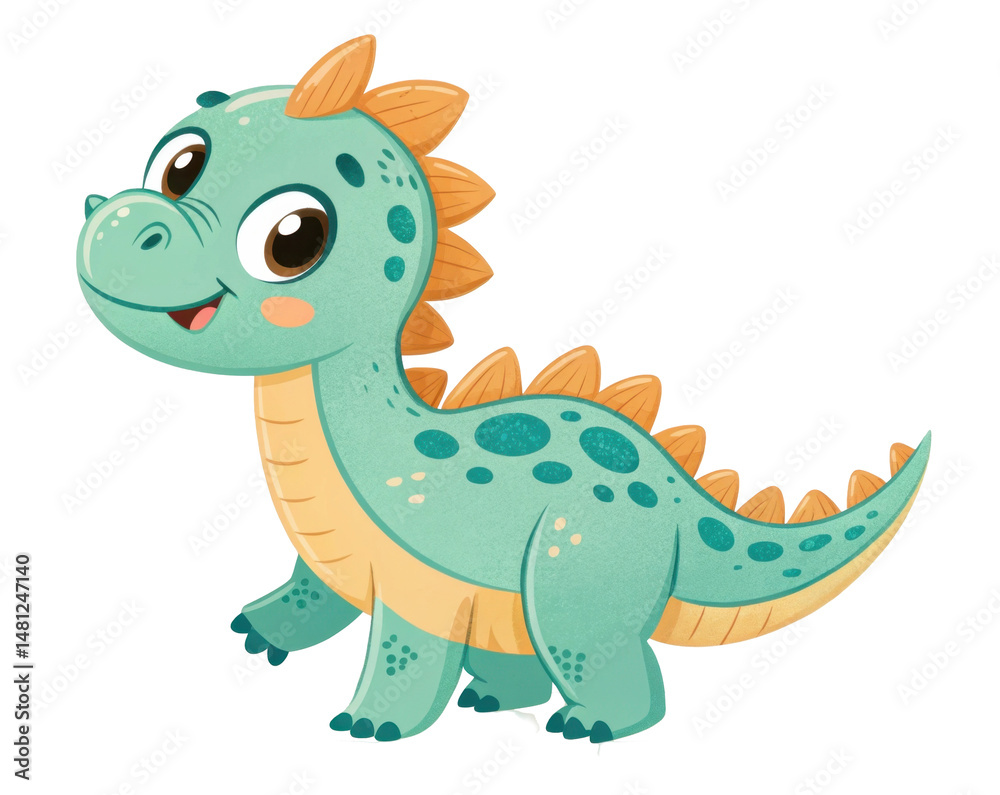 Fototapeta premium Cute Cartoon Dinosaur Character with Spiky Back and Big Eyes on a Transparent Background