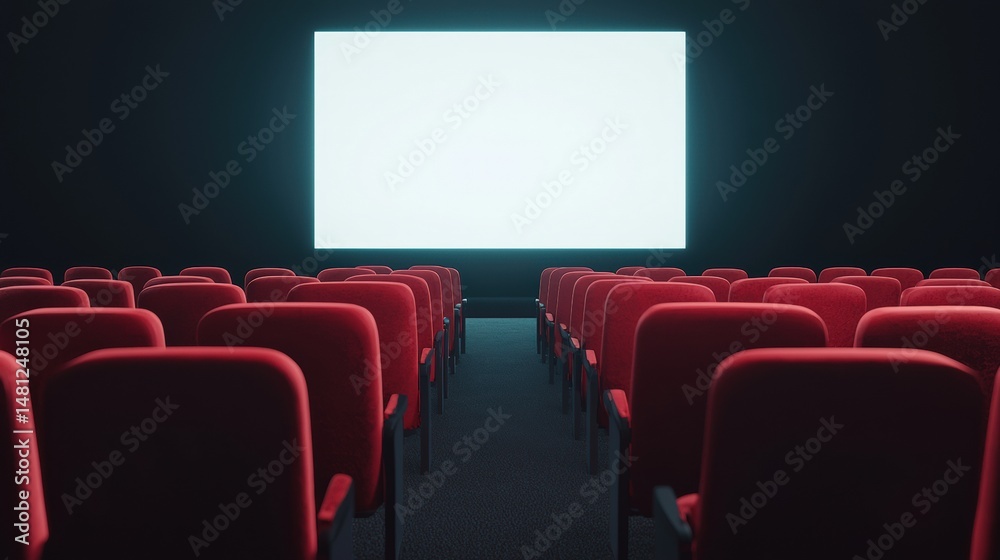 Fototapeta premium Empty cinema auditorium with illuminated white screen and red seats