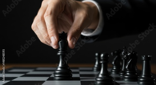 Chess game strategy representing strategic thinking and business planning with hand moving queen
