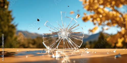 Shattered building window highlights damage and tension from recent civil unrest and violent conflict