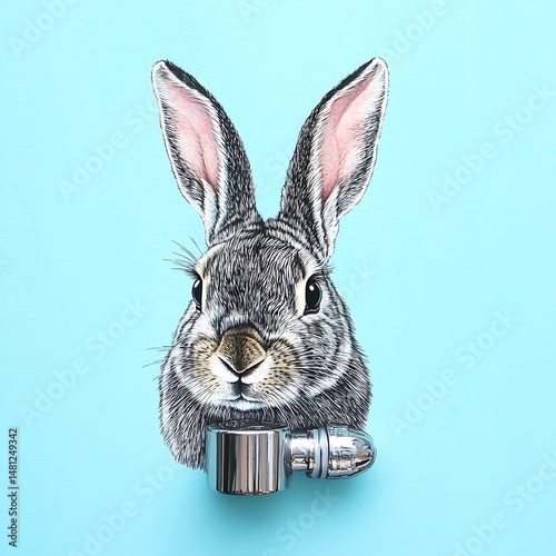 Surreal rabbit portrait with metallic element on soft blue backdrop