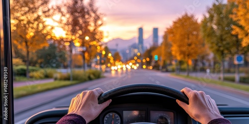 Wallpaper Mural Bus driver hands on wheel with city skyline in background Torontodigital.ca