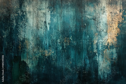 A dark, wooden wall with a grunge texture featuring shades of blue, green, and brown. The background is dark, and the image is detailed, photorealistic, and high in resolution and detail