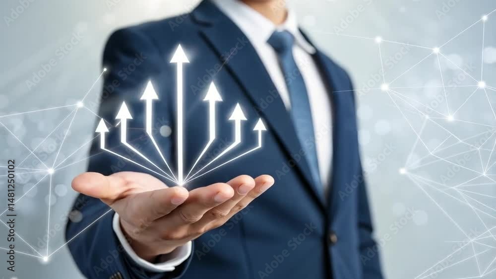 Man in suit holding glowing arrows with network background representing business growth concept