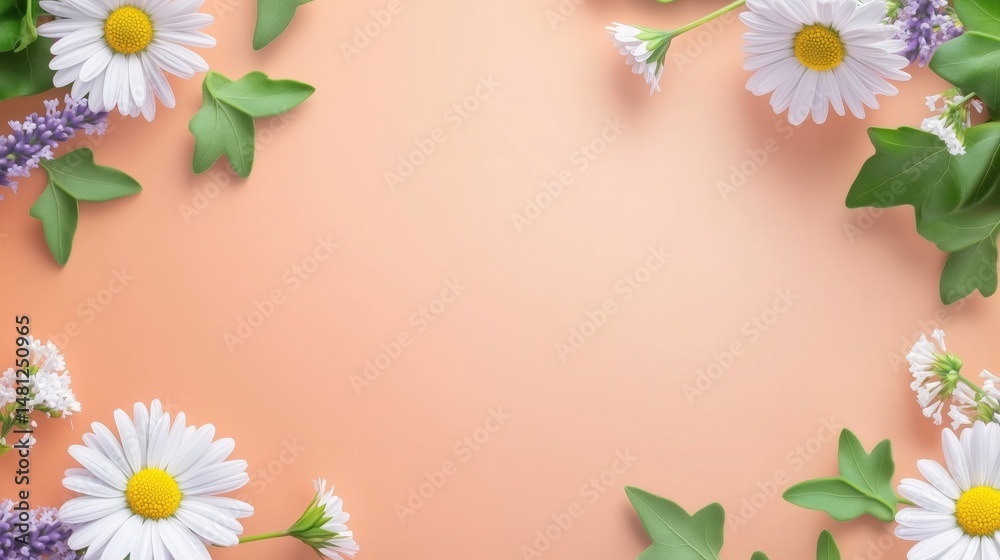 Obraz premium Delicate Floral Frame with Daisies and Lavender on Pastel Peach Background, Perfect for Springtime Greetings