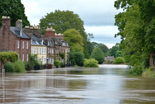 Floodwaters inundate historic riverside buildings.