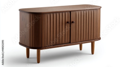 Mid-century modern retro furniture with functional. A stylish wooden sideboard with rounded edges, vertical grooves, and two doors, featuring design.