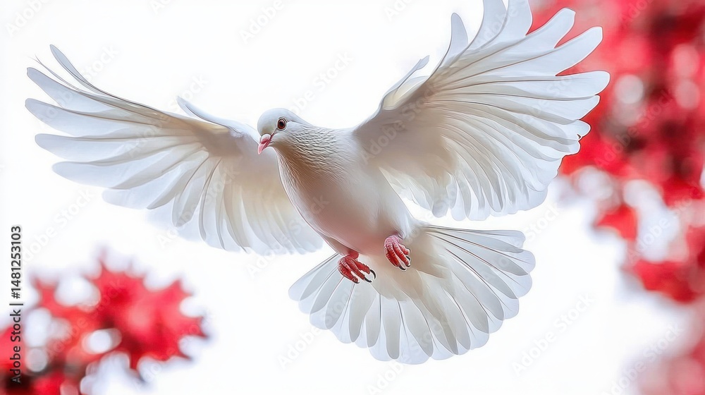 Obraz premium Graceful white dove in mid-flight with wings fully spread against a soft background with red foliage, evoking peace and serenity